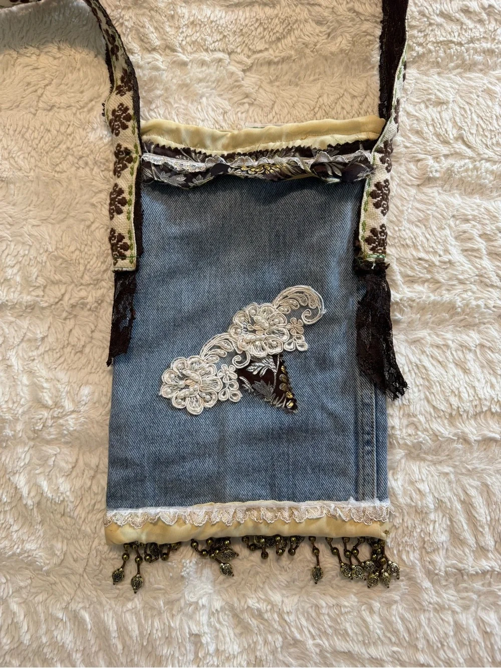 Vintage 1970s Handmade Upcycled Denim Boho Gypsy Crossbody Bag  beaded